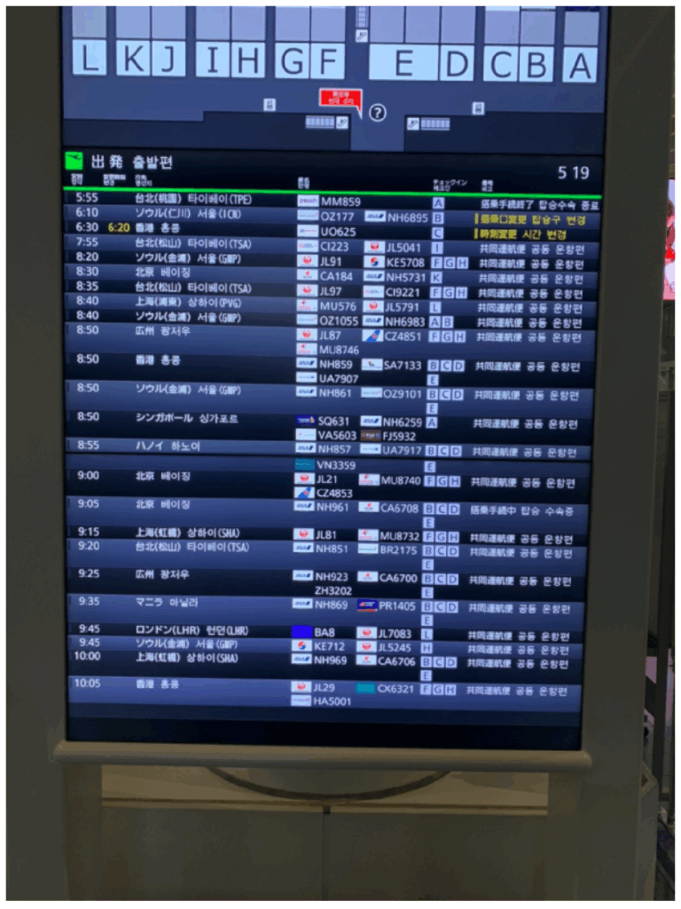 チェックインカウンターの電光掲示板