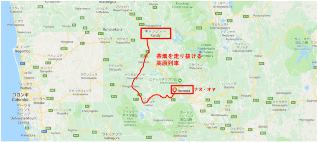 キャンディからナヌオヤの路線